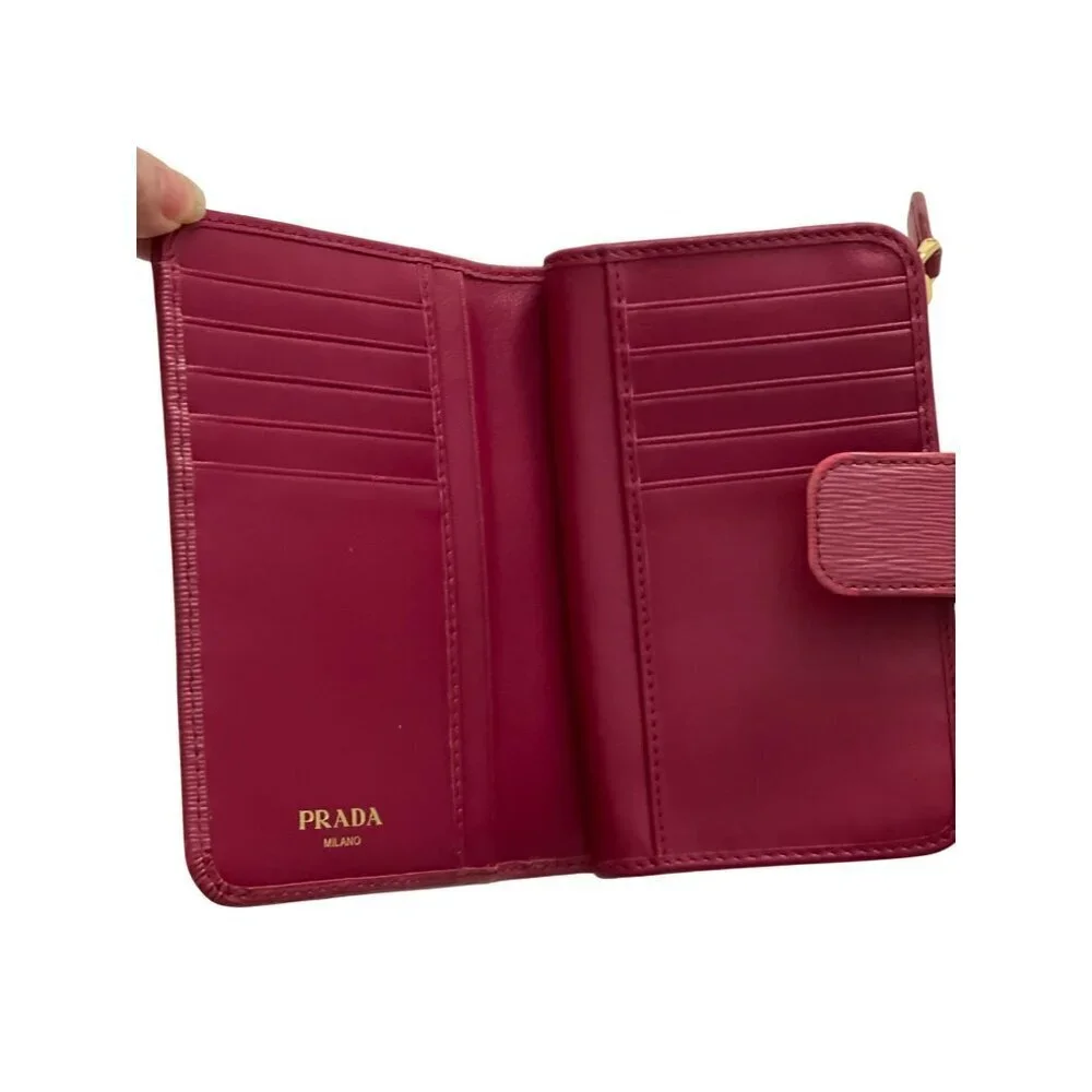 Prada Red Epi Leather Compact Wallet With Gold-Tone Zip & Snap Closure